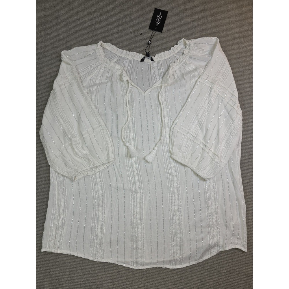 Club Z Collection Peasant Blouse V Tie Neckline Silver Thread Accents Size 2X